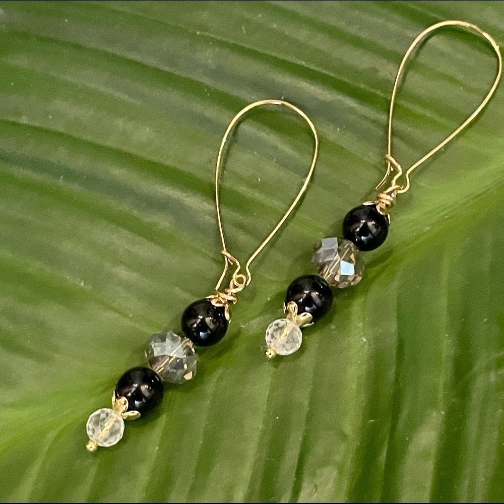 𝅺22KT Gold over Sterling Silver Earrings Genuine Black Onyx Crystal Modern Chic - Picture 5 of 7